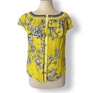 Hale Bob Sleeveless Button Up Shirt Yellow Floral Ruffle Sz XS Off Shoulder